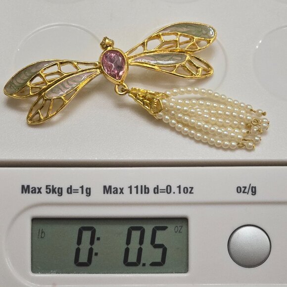 Vintage Avon Dragonfly Brooch Pink Stone Articulating Pearl Tassel - Picture 9 of 9